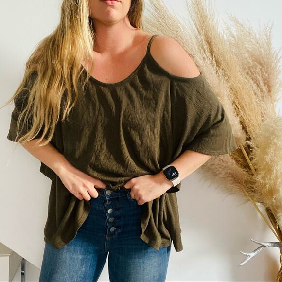 AUDREY 3 +1 Olive Green Cold Shoulder Tank Blouse Top Boho Bell Peasant Shirt S - Picture 1 of 6